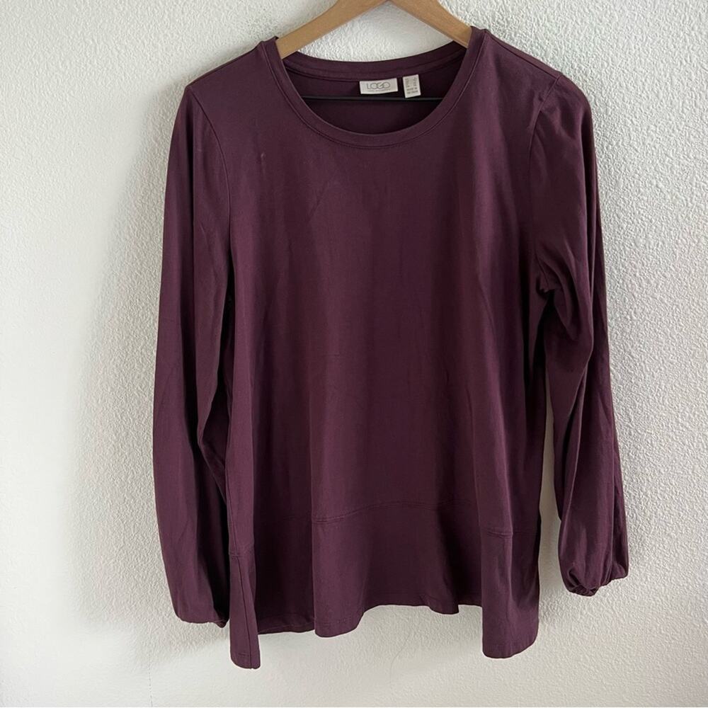 Logo by Lori Goldstein Eggplant Purple Long Sleeve Top Light Ruffle Peplum Large